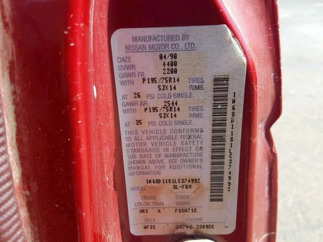 1N6SD11S1LC374992 - 1990 NISSAN D21 SHORT RED photo 10