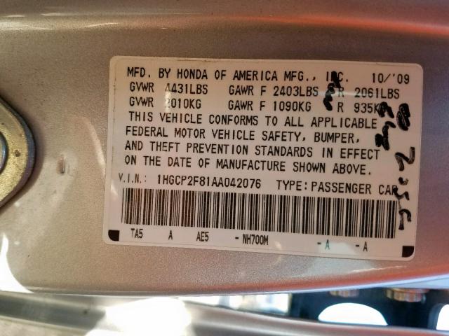 1HGCP2F81AA042076 - 2010 HONDA ACCORD EXL SILVER photo 10