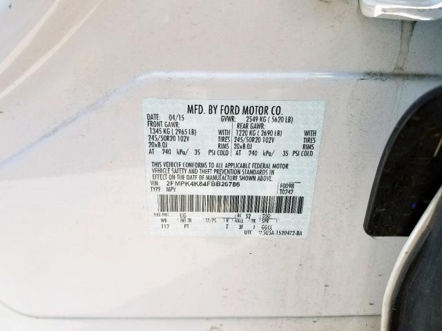 2FMPK4K84FBB26786 - 2015 FORD EDGE TITAN WHITE photo 10