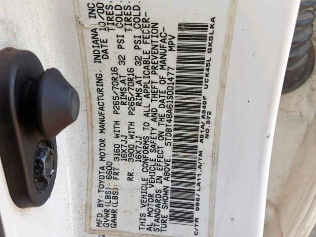 5TDBT48A61S001477 - 2001 TOYOTA SEQUOIA LI WHITE photo 10