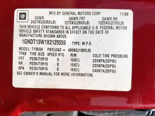 1GNDT13W1X2125559 - 1999 CHEVROLET BLAZER RED photo 10