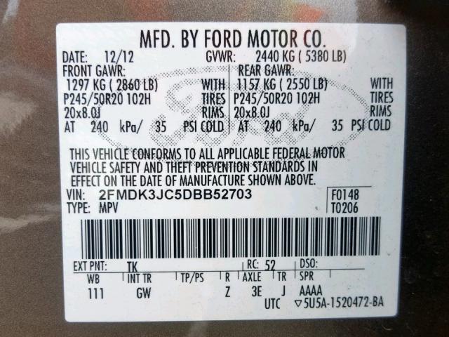 2FMDK3JC5DBB52703 - 2013 FORD EDGE SEL BROWN photo 10