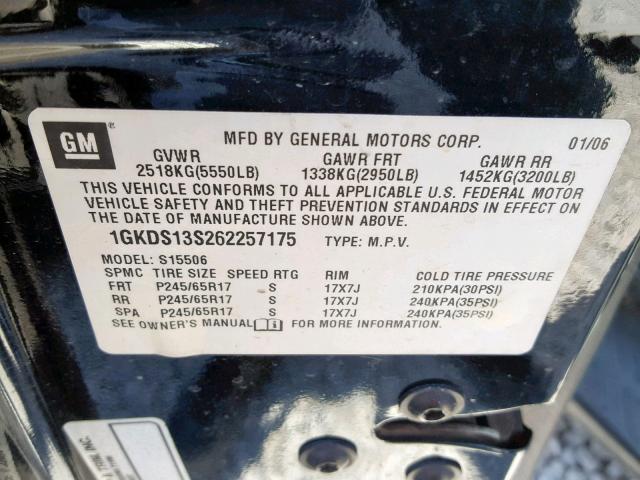 1GKDS13S262257175 - 2006 GMC ENVOY BLACK photo 10