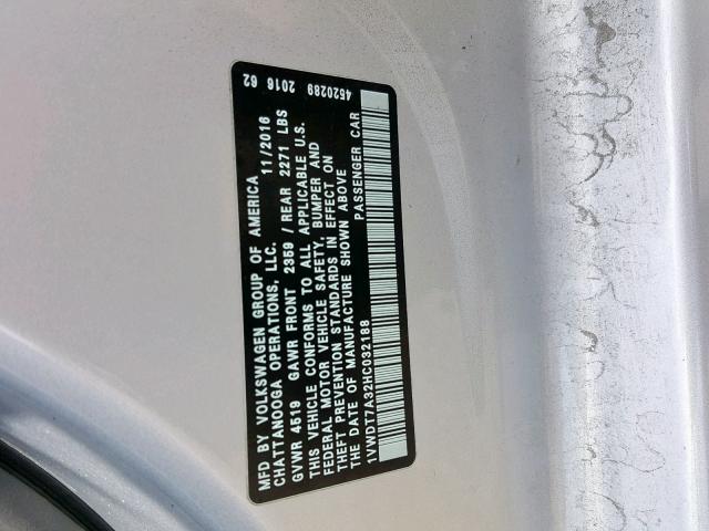 1VWDT7A32HC032188 - 2017 VOLKSWAGEN PASSAT R-L SILVER photo 10