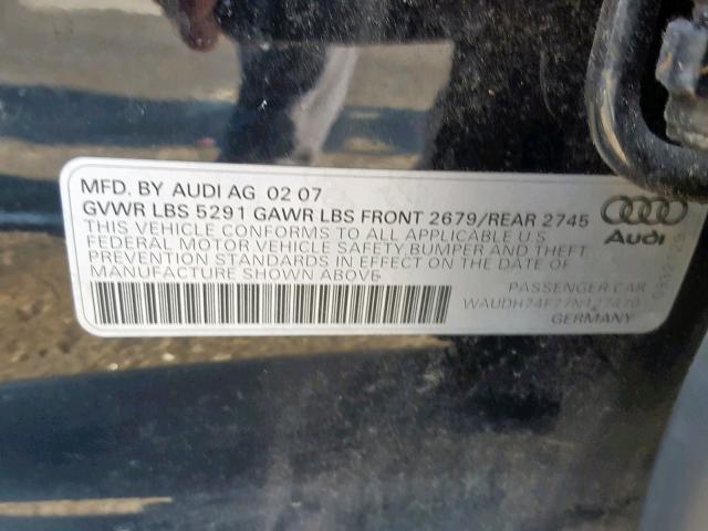 WAUDH74F77N127470 - 2007 AUDI A6 3.2 QUA BLACK photo 10