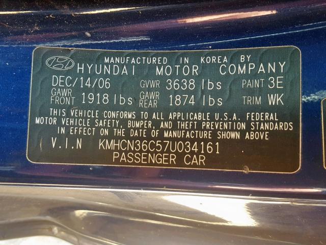 KMHCN36C57U034161 - 2007 HYUNDAI ACCENT SE BLUE photo 10