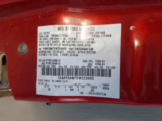 1FAFP34N75W253405 - 2005 FORD FOCUS ZX4 RED photo 10