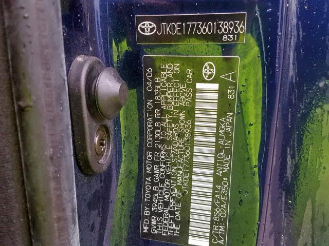 JTKDE177360138936 - 2006 TOYOTA SCION TC BLUE photo 10