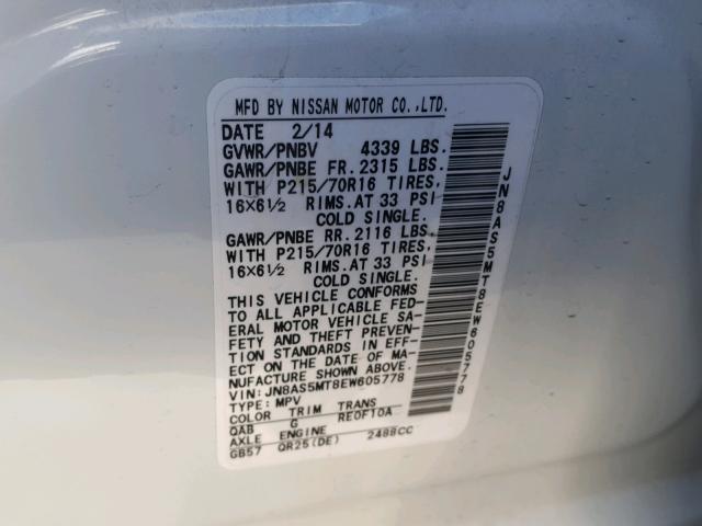 JN8AS5MT8EW605778 - 2014 NISSAN ROGUE SELE WHITE photo 10