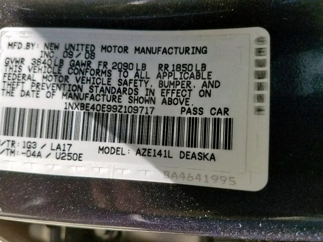 1NXBE40E99Z109717 - 2009 TOYOTA COROLLA XR GRAY photo 10