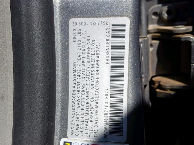 WVWRH63B74P058877 - 2004 VOLKSWAGEN PASSAT GLX SILVER photo 10