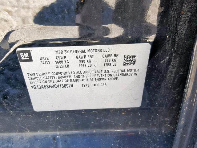 1G1JA5SH4C4138924 - 2012 CHEVROLET SONIC LS 黑色 照片 10