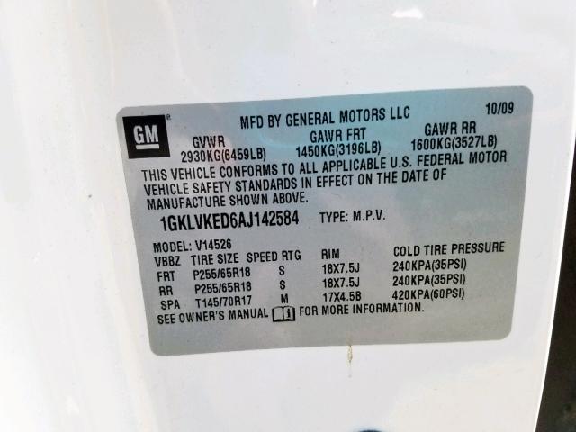 1GKLVKED6AJ142584 - 2010 GMC ACADIA SL WHITE photo 10