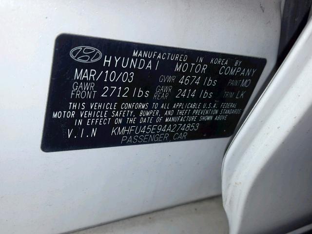 KMHFU45E94A274853 - 2004 HYUNDAI XG 350 WHITE photo 10