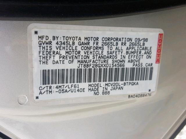 JT8BF28GXX0154566 - 1999 LEXUS ES 300 SILVER photo 10