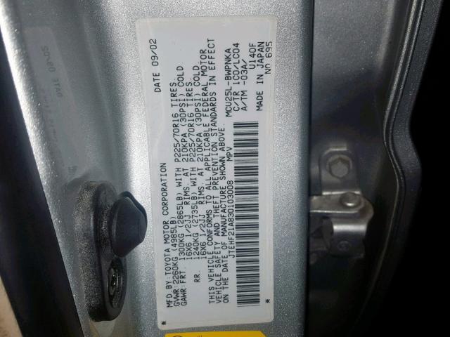 JTEHF21A830103008 - 2003 TOYOTA HIGHLANDER SILVER photo 10