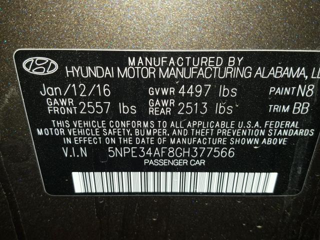 5NPE34AF8GH377566 - 2016 HYUNDAI SONATA SPO CHARCOAL photo 10