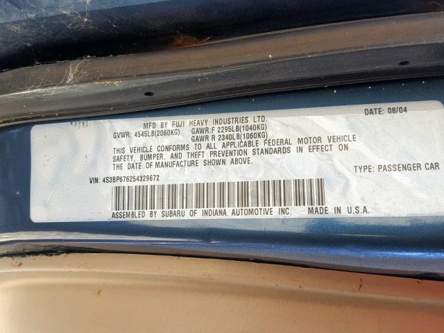 4S3BP676254329672 - 2005 SUBARU LEGACY GT BLUE photo 10