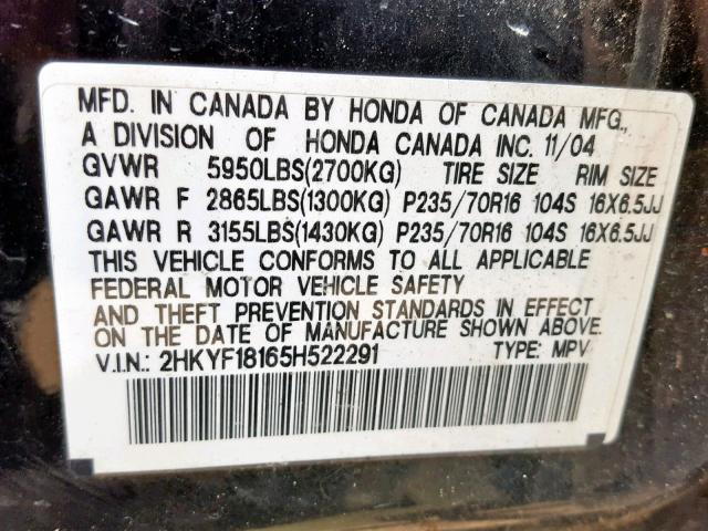 2HKYF18165H522291 - 2005 HONDA PILOT LX BLACK photo 10