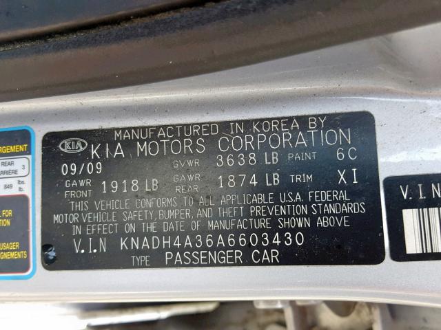 KNADH4A36A6603430 - 2010 KIA RIO LX SILVER photo 10