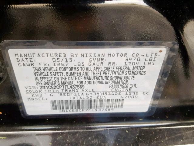 3N1CE2CP7FL437589 - 2015 NISSAN VERSA NOTE BLACK photo 10