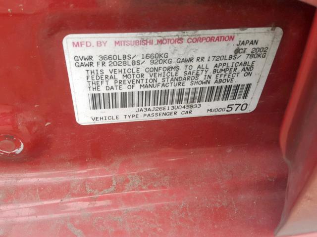 JA3AJ26E13U045833 - 2003 MITSUBISHI LANCER ES RED photo 10