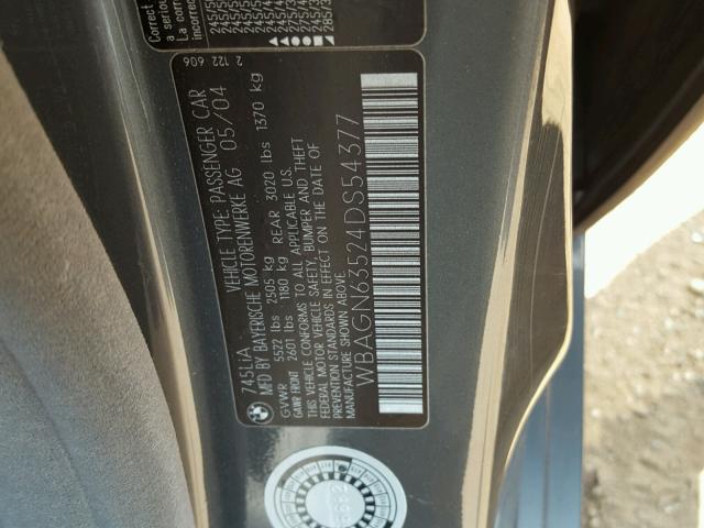 WBAGN63524DS54377 - 2004 BMW 745 LI GRAY photo 10