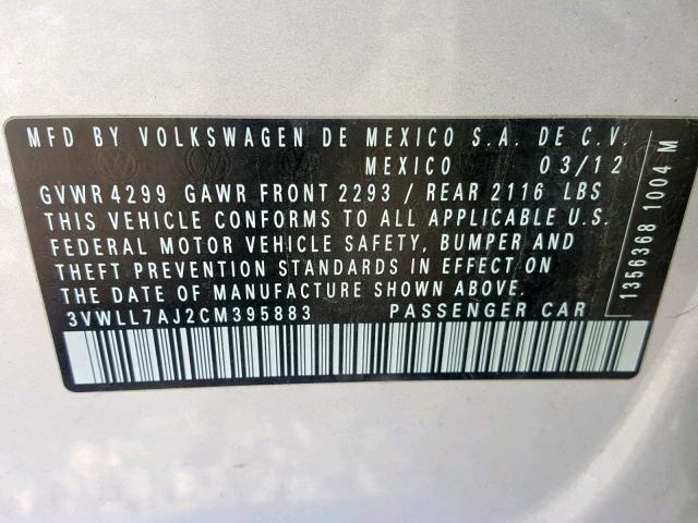 3VWLL7AJ2CM395883 - 2012 VOLKSWAGEN JETTA TDI SILVER photo 10