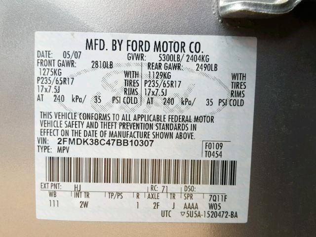 2FMDK38C47BB10307 - 2007 FORD EDGE SEL SILVER photo 10