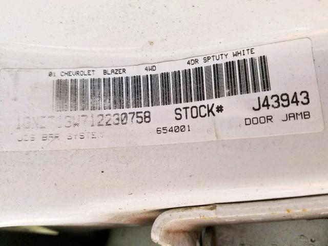 1GNET13W712230758 - 2001 CHEVROLET BLAZER WHITE photo 10