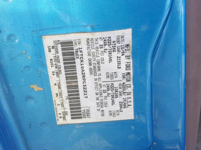 1FTCR10A2RPC32217 - 1994 FORD RANGER BLUE photo 10