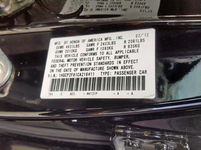 1HGCP2F81CA216411 - 2012 HONDA ACCORD EXL BLACK photo 10