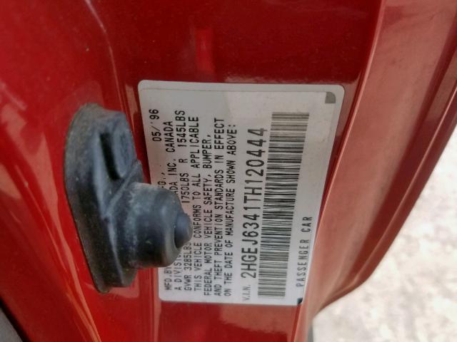 2HGEJ6341TH120444 - 1996 HONDA CIVIC DX RED photo 10