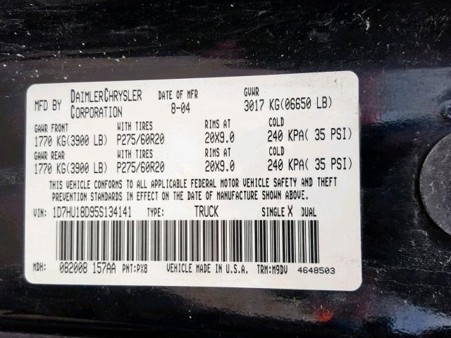 1D7HU18D95S134141 - 2005 DODGE RAM 1500 S BLACK photo 10