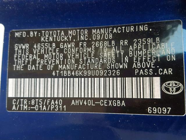 4T1BB46K99U092326 - 2009 TOYOTA CAMRY HYBR BLUE photo 10