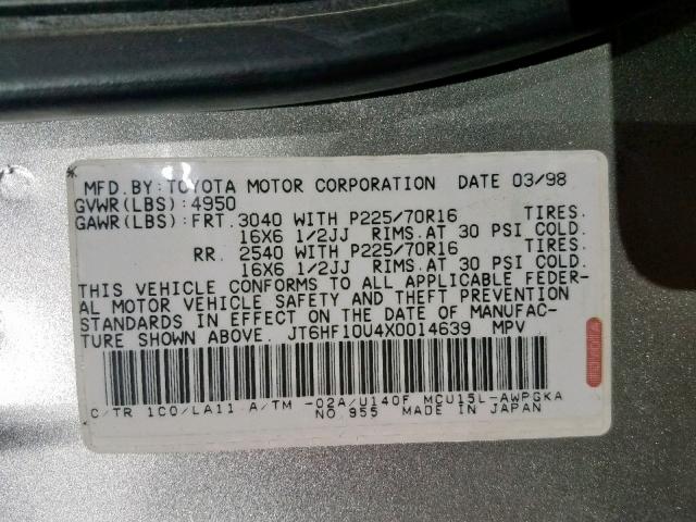 JT6HF10U4X0014639 - 1999 LEXUS RX 300 SILVER photo 10