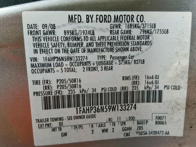 1FAHP36N59W133274 - 2009 FORD FOCUS SES SILVER photo 10