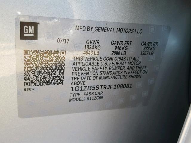 1G1ZB5ST9JF108081 - 2018 CHEVROLET MALIBU LS ვერცხლისფერი ფოტო 10