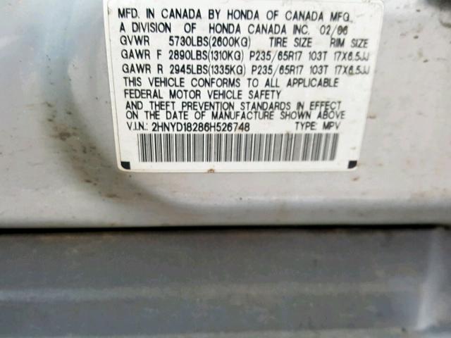 2HNYD18286H526748 - 2006 ACURA MDX SILVER photo 10