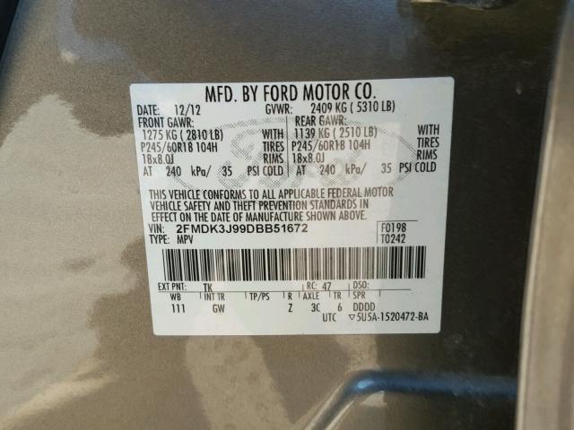 2FMDK3J99DBB51672 - 2013 FORD EDGE SEL GRAY photo 10