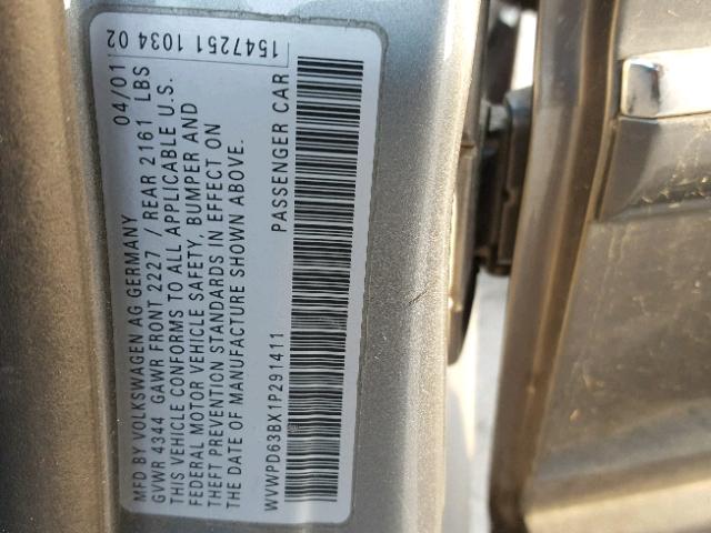 WVWPD63BX1P291411 - 2001 VOLKSWAGEN PASSAT GLS GRAY photo 10