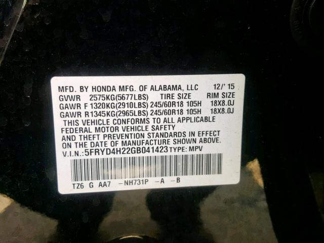 5FRYD4H22GB041423 - 2016 ACURA MDX BLACK photo 10