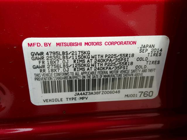 JA4AZ3A38FZ006048 - 2015 MITSUBISHI OUTLANDER BURGUNDY photo 10