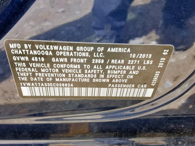 1VWAT7A33EC038824 - 2014 VOLKSWAGEN PASSAT S BLUE photo 10