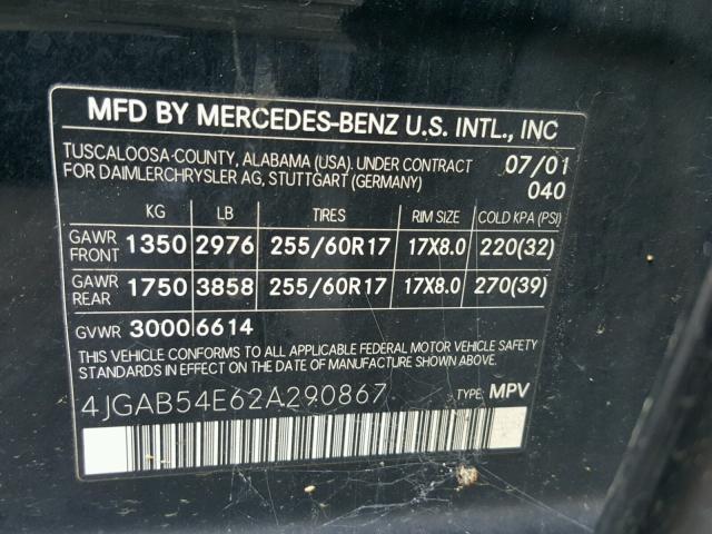 4JGAB54E62A290867 - 2002 MERCEDES-BENZ ML 320 BLACK photo 10