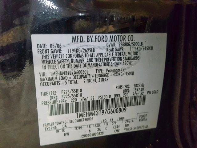 1MEHM43197G600809 - 2007 MERCURY MONTEGO PR 黑色 照片 10