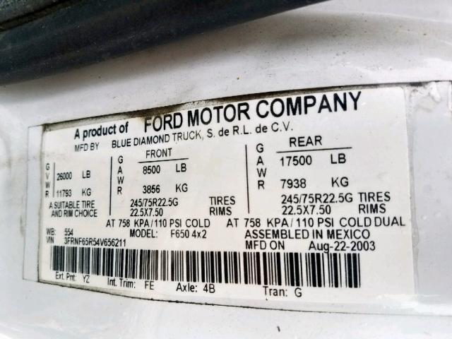 3FRNF65R54V656211 - 2004 FORD F650 SUPER WHITE photo 10