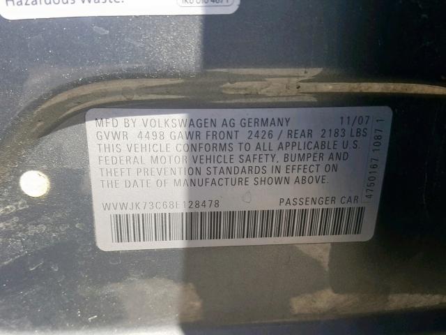 WVWJK73C68E128478 - 2008 VOLKSWAGEN PASSAT TUR GRAY photo 10