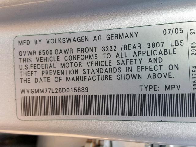 WVGMM77L26D015689 - 2006 VOLKSWAGEN TOUAREG 4. SILVER photo 10