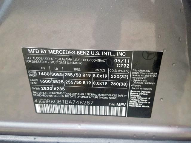 4JGBB8GB1BA748287 - 2011 MERCEDES-BENZ ML 350 4MA GRAY photo 10